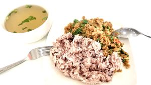 Garlic pepper vegan porkless with rice + Soup  at So Vegan    in Pathum Thani