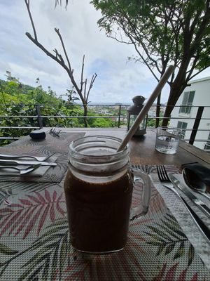 Peanut butter / cacao protein smoothie at Santosa Vegan Restaurant in Phuket