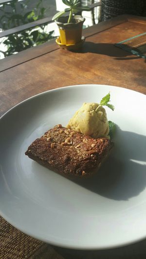 Peanut butter blondie and vanilla icecream at Santosa Vegan Restaurant in Phuket