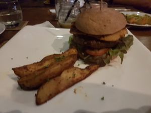 Mushroom burger at Santosa Vegan Restaurant in Phuket