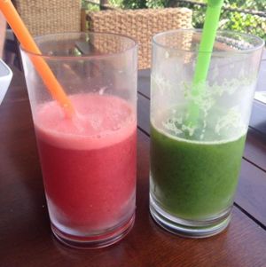 Watermelon juice and kale, Presley, mint, mixed greens juice at Santosa Vegan Restaurant in Phuket