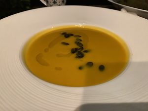 Pumpkin soup at Santosa Vegan Restaurant in Phuket