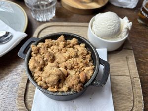 Apple and rhubarb crumble with vegan ice creamm  at The Flask in London