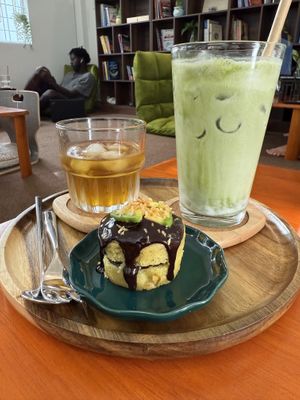 Avocado muffin and matcha latte   at Odabia - Vegan Café & Desserts in Da Nang