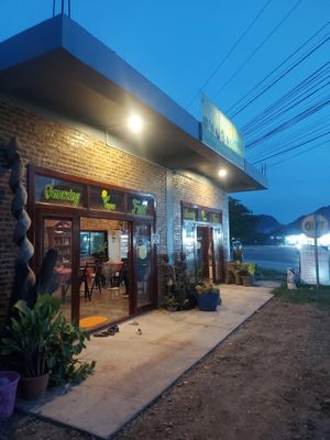 Evening view ftom the front of the restaurant. at Amazing Vegan Food in Vang Vieng