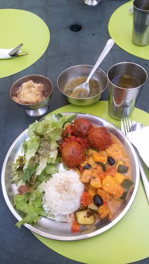 Main dish, soup, tea and desert at Hare Krishna in Lisbon