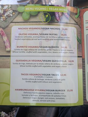 Menú vegano at La Casita Mexicana in Las Cala De Mijas