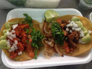 Al Pastór and Steak tacos. at La Oveja Verde in Monterrey