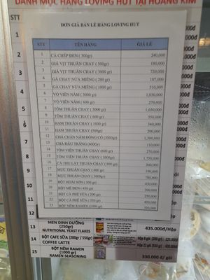 Price list for the vegan products at Cơm Chay Hoàng Kim in Ho Chi Minh City