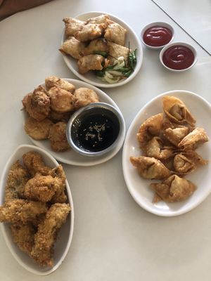 Martabak at the top, tahu teriyaki in the middle, katsu at the bottom (my favourite) and pangsi goreng on the rigtht  at Loving Hut in Denpasar