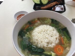 Rice with vegetable soup at Loving Hut in Denpasar