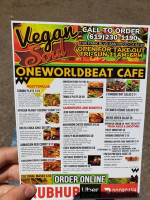The menu at WorldBeat Cafe in San Diego