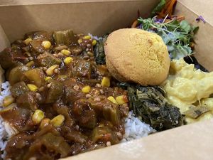 Vegan gumbo with potato salad   at WorldBeat Cafe in San Diego