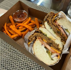 mushroom cheese burger  at WorldBeat Cafe in San Diego