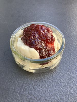 vanilla ice cream with strawberry jam  at Rogovilka in Ljubljana