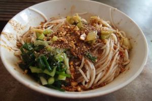 A Y3 ($0.50) bowl of tasty and spicy noodle soup. at Wenjun in Jianshui