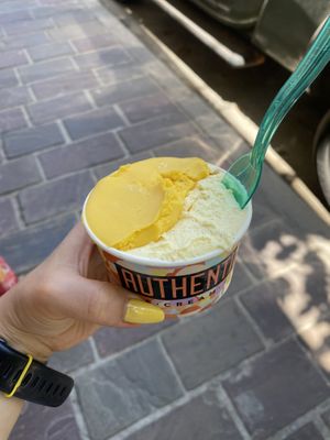 Mango sorbet and vanilla  at Authentico Ice Cream Shop in Chania