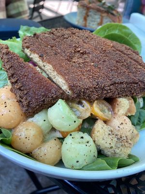 Melon ball salad with fried miso tofu. Made vegan by holding the mozzarella. at Heart of Gold in Cleveland