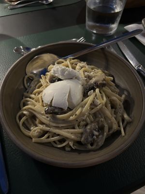 Vegane Spaghetti Cabonara  at Ophelia Signature Restaurant in Crete