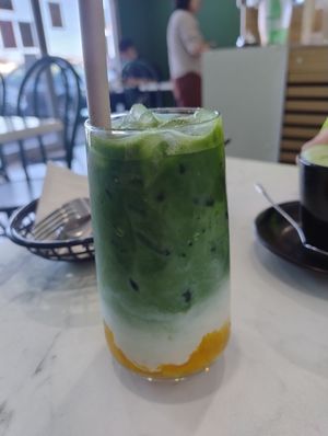 Peach iced matcha at ONE 2 GO in Mansfield Park
