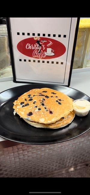 Vegan blueberry pancakes served with vegan butter at Christy's Cafe in Congers
