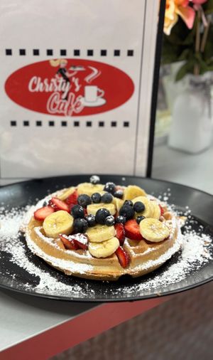Vegan waffle with fresh strawberries, fresh blueberries & fresh bananas at Christy's Cafe in Congers