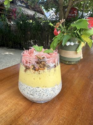 Chia-oat pudding with mango filling and granola   at The Wavy Moon in Siargao