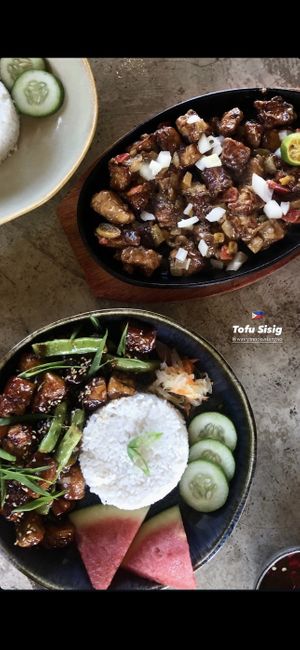 Sticky tofu and tofu sisig Both vegan   at The Wavy Moon in Siargao