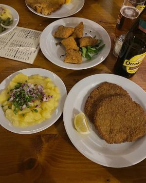 gemüsetascherl, potato salad and schnitzel   at Weingut Feuerwehr Wagner in Vienna