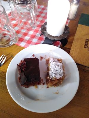 Half chocolate cake and half appel strudel at Weingut Feuerwehr Wagner in Vienna