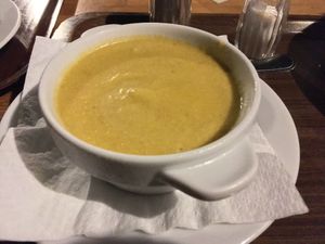 Cold mango cucumber chili soup at Weingut Feuerwehr Wagner in Vienna