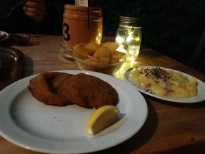 Vegan schnitzel, potato salad and 'fried potatoes' at Weingut Feuerwehr Wagner in Vienna