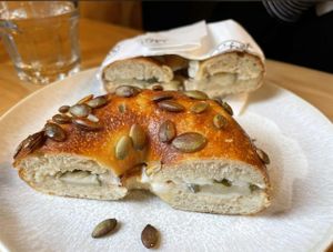 pickle bagel with vegan cream cheese at Fika Coffee in Christchurch