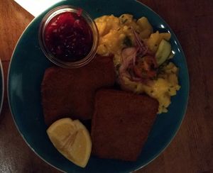 The vegan seitan Schnitzel with a delicious potato salad and cranberry jam at Augustin in Vienna