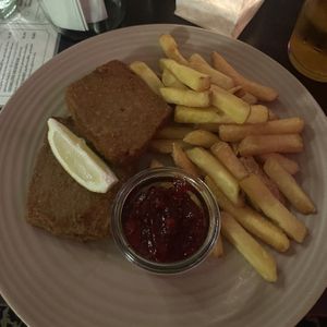 vegan schnitzel with fries & cranberry jam  at Augustin in Vienna
