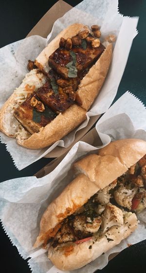 bbq tofu and peanuts on top and cauliflower on bottom   at Killer Poboys in New Orleans