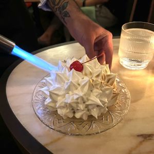 baked alaska (almond cake and ice cream under meringue)  at Vulture in San Diego