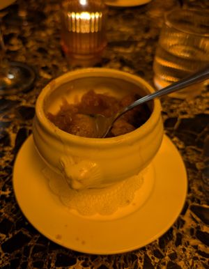 French Onion Soup to start the meal. Having had the soup in Paris, France, delicious! at Vulture in San Diego