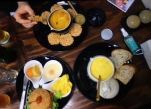 nachos, tempeh burger and pumpkin soup at Mango in Bangkok