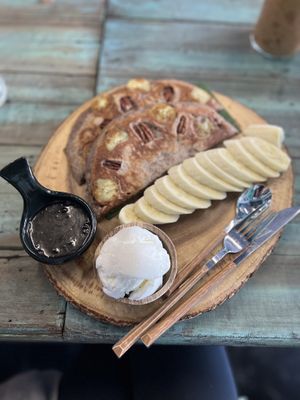 Vegan Banana Pancakes - with coconut ice cream and chocolate sauce  at Mango in Bangkok