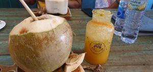Passion fruit cordial and fresh coconut at Mango in Bangkok