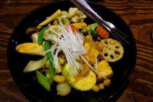 Pad thai. Their pad thai is unsual: the rice noodles taste just like pad thai noodles do. But the veggies are more fresh, varied and big in size and there´s more of them than in usual pad thai.  at Mango in Bangkok