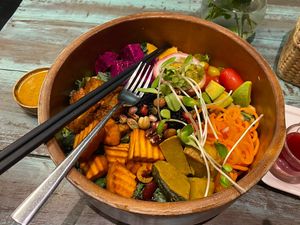 Buddha bowl (massive portion!)   at Mango in Bangkok