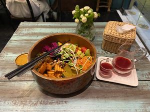 Buddha bowl and kombucha   at Mango in Bangkok