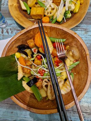 Aubergine and homemade tempeh stir fry at Mango in Bangkok