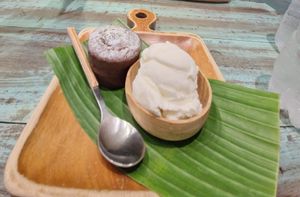 Chocolate lava cake with coconut ice cream at Mango in Bangkok