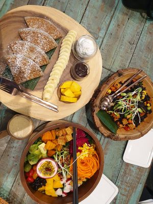 14. GLUTEN FREE RICE PANCAKE,  54. Tempeh with ginger fried rice 45. BUDDHA BOWL SALAD MANGO STYLE at Mango in Bangkok