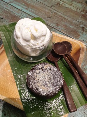 Vegan lava cake with coconut icecream at Mango in Bangkok