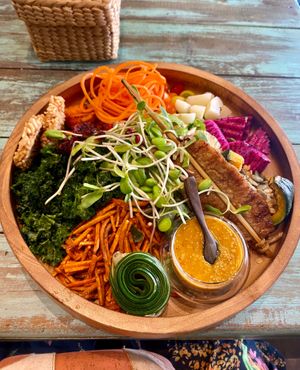 Cashew nut curry salad bowl (it was called something like that). Took a little longer to make than some other orders, but worth the wait! Beautiful, healthy, delicious.  at Mango in Bangkok