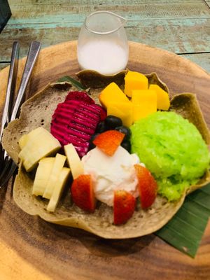 Pancake with fruit, green sticky rice and ice cream!!! LOVE IT!! at Mango in Bangkok